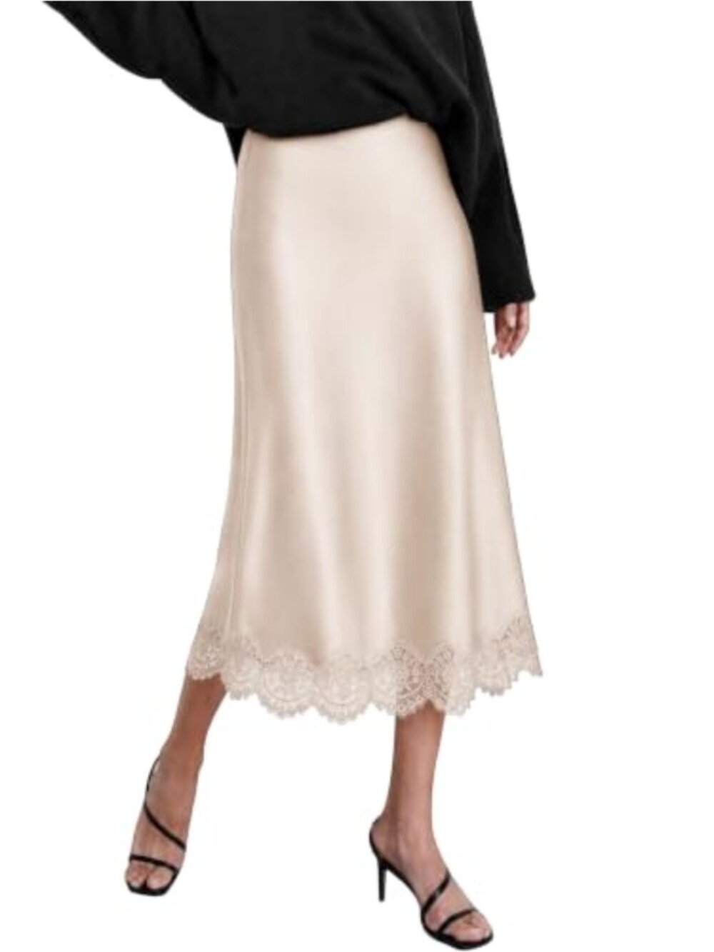 Womens A-Line Midi Skirt Lace Hem Silk Satin